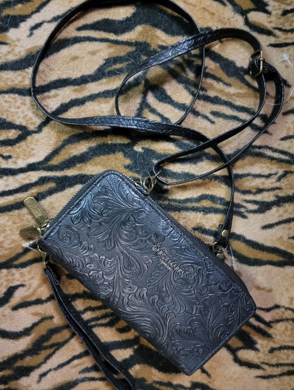 Black Floral Tooled Leather Wallet Crossbody Bag Purse New!